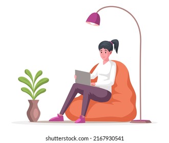 Woman working remotely at home, Freelance or remote job concept. Lady with computer sits in bag chair. Girl studying courses or working online. Female freelancer with laptop vector illustration