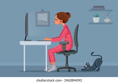 Woman Working Remotely from Home next to her Cat. Freelance worker trying to meet the deadline sitting at the desk at home office at late hours
