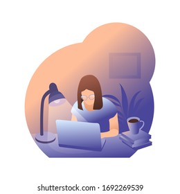 Woman is working remotely from home. Student is studying distance. Pupil distance education. Girl in cozy home atmosphere. Home office work place. Volunteer is helping by internet. Stay home concept.