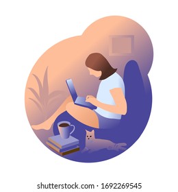 Woman is working remotely from home. Student is studying distance. Pupil distance education. Girl in cozy home atmosphere. Home office work place. Volunteer is helping by internet. Stay home concept.