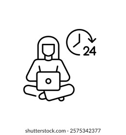 Woman working remotely at laptop and 24 hours clock. Nonstop digital presence, freelance opportunities. Pixel perfect vector icon