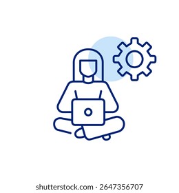 Woman working remotely at laptop and cogwheel. Account management, workflow optimization, admin control panel, digital workspace settings, user interface customization. Pixel perfect, editable stroke 