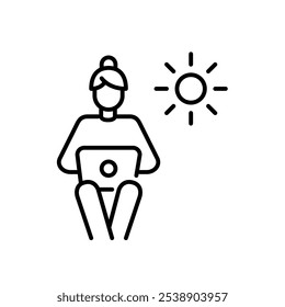 Woman working remotely from laptop during office hours. Pixel perfect, editable stroke icon