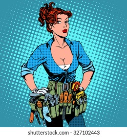 Woman working repairman electrician. Beautiful pin up girl pop art retro