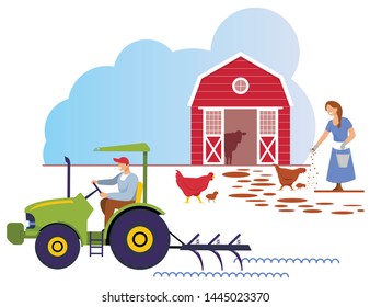 Woman in Working Robe Feeding Chicken. Man Farmer Riding on Tractor, Villager Characters Working. Girl Care of Birds on Farm, Agriculture, Farming, Poultry, Industry. Cartoon Flat Vector Illustration