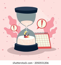 woman working in sand hourglass and calendar of deadline theme