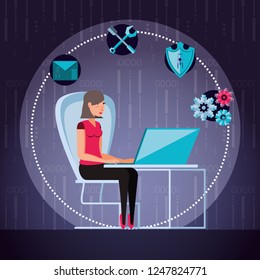 woman working and set icons business