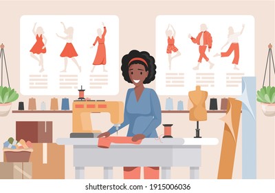 Woman working at sewing machine in the atelier or fashion sew studio vector flat illustration. Smiling tailor or dressmaker making dress. Sewing workshop interior, sewing hobby concept.