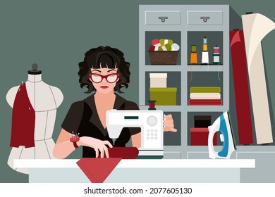 Woman working at sewing machine in the atelier or fashion sew studio vector flat illustration. The dressmaker sews a dress. Sewing concept.