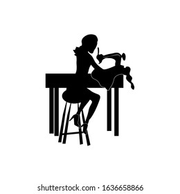 woman working at a sewing machine black silhouette icon flat vector illustration isolated on white background