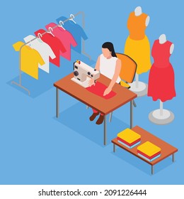 Woman working at sewing machine isometric 3d vector concept for banner, website, illustration, landing page, flyer, etc.