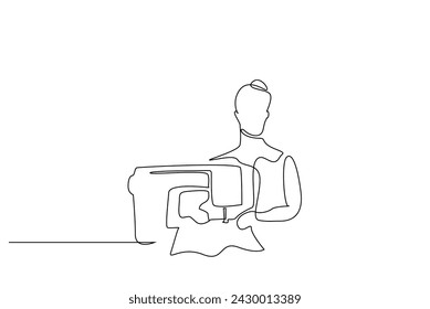 woman working sewing machine one line art design