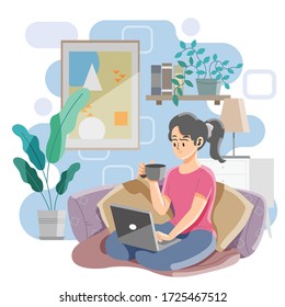 woman working sitting on sofa concept. working from home. working on laptop whil drining coffee. vector and illustration.