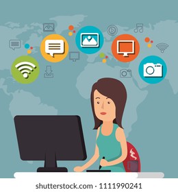woman working with social media icon