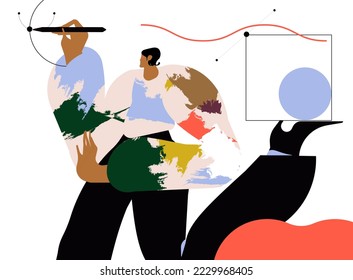 Woman  working in software drawing abstract shapes with stylus pen. Designer character freelancer or art director concept. Creative process of making vector illustration for web ui design.