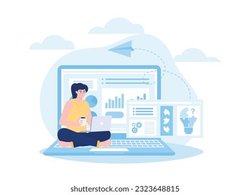 Una mujer trabajando para resolver un problema desde la ilustración plana de tendencia en casa