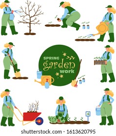 Woman working in the spring garden performs ordinary spring routines. Cartoon flat vector illustration set.