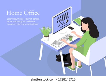 Woman Working or studing at Home Office. Flat Isometric Vector Illustration.