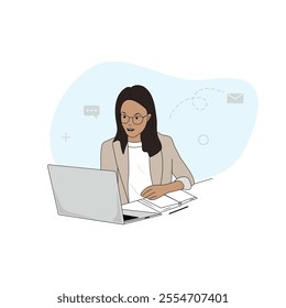 Woman working, studying at her desk. Woman uses laptop for online meetings, studying. Freelancer taking notes. Vector illustration.