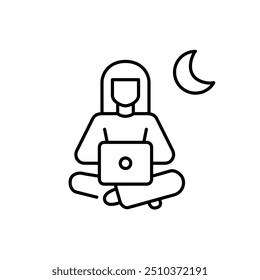 Woman working or studying at laptop comfortably at night. Owl working schedule. Pixel perfect vector icon