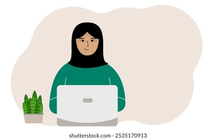 Uma mulher está trabalhando ou estudando em um laptop. Freelancing ou ensino à distância e conceito de trabalho. Ilustração plana vetorial.