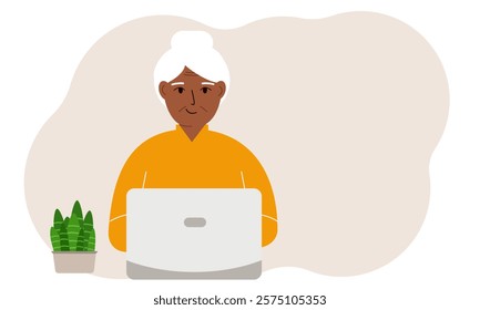 A woman is working or studying at a laptop. Freelancing or distance learning and work concept. Vector flat illustration.