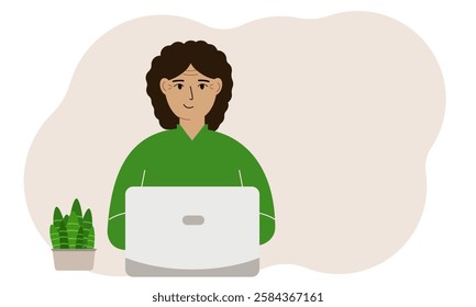 A woman is working or studying at a laptop. Freelancing or distance learning and work concept.