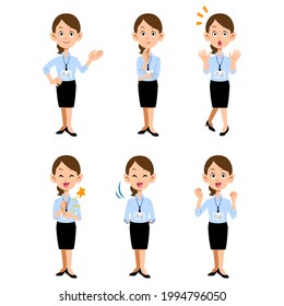 A woman working in a summer office with an employee ID card, 6 types of gestures and facial expressions