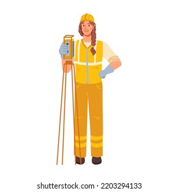 Woman working as surveyor holding tripod tools and instruments for surveying land. Female in uniform and hardhat. Personage or character, vector in flat cartoon style