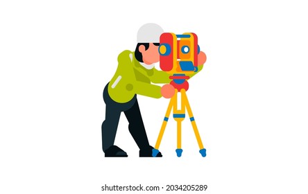 Woman working surveyor. Vector illustration isolated on white background