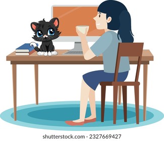 Woman working at the table with a cat illustration