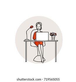 Woman working. Table, laptop, vector illustration.