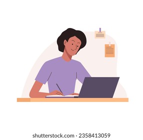 Woman working at the table with laptop and writing notice. Home workplace for education, remote work, teleworking. Business people illustration in flat design