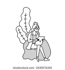 woman working with tablet sitting on bean bag sofa with decorative plants, doodle cartoon illustration