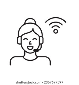 Woman working at tech support desk. Online call centre. Pixel perfect, editable stroke