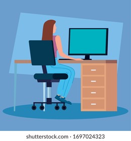 woman working in telecommuting with desk and computer vector illustration design