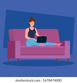 woman working in telecommuting with laptop in couch vector illustration design