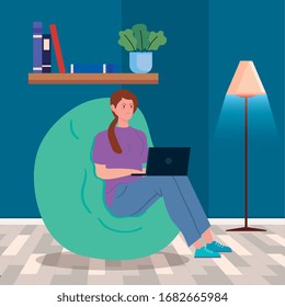 woman working in telecommuting with laptop inside house vector illustration design
