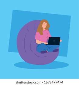 woman working in telecommuting with laptop sitting in pouf soft vector illustration design
