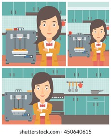 Woman working with three D printer making pizza on the background of kitchen. Woman with crossed arms standing near 3D printer. Vector flat design illustration. Square, horizontal, vertical layouts.