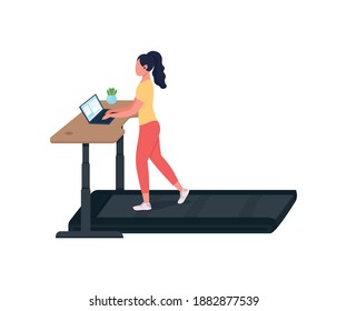 Woman working at treadmill workstation flat color vector faceless character. Manager at laptop. Cardio training at workplace isolated cartoon illustration for web graphic design and animation