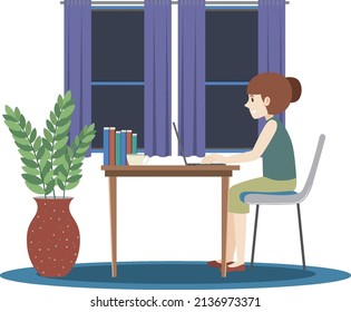 A woman working using laptop flat design at home illustration