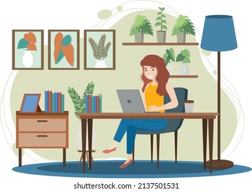 A woman working using laptop flat design illustration