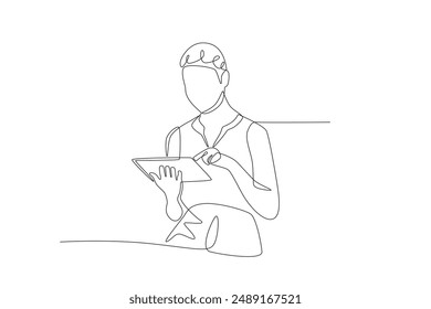 Woman working using tablet. Digital technology concept one-line drawing