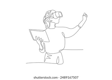 Woman working using VR. Digital technology concept one-line drawing