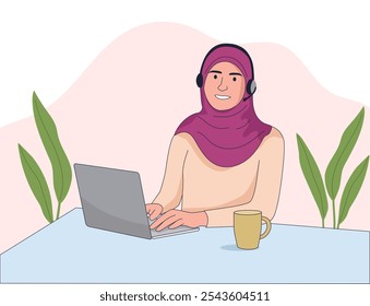 A woman working as virtual assistant having online call with laptop illustration