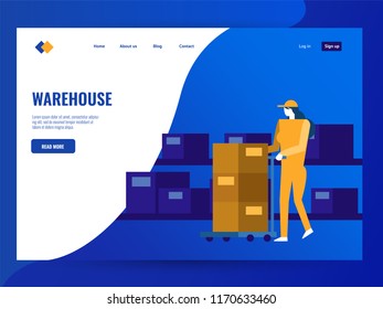 Woman working in warehouse. Website landing page Template. Flat vector illustration