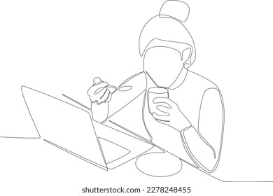 Una mujer que trabaja bebiendo café. Actividad de cafetería con un plano de línea