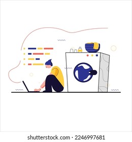 Woman working while laundry. Deadline is coming. Coding programe beside washing machine.Minimal flat illustration.