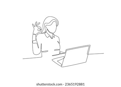 A woman working while making okay poses. Dia de la mujer emprendedora one-line drawing